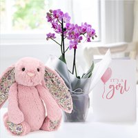 Mini Pink Orchid (20-25cm), Jellycat Blossom Bunny & New Baby Girl Card image
