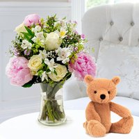 Peonies & Cream & Jellycat Rufus Bear (29cm)