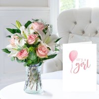 Simply Pink Rose & Lily & New Baby Girl Card image