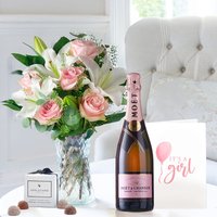 Simply Pink Rose & Lily, Moët Rosé, 6 Mixed Truffles, Vase & New Baby Girl Card image