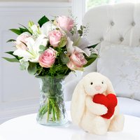 Simply Pink Rose & Lily, Vase & Jellycat Bashful Love Heart Bunny image