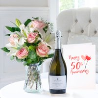 Simply Pink Rose & Lily, Appleyard Prosecco & 50th Anniversary Card image