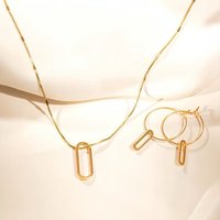 ELEKTROPULLI Superfeine zeitlose Kette 1mm schmal mit grafischem Oval Anhänger, Set mit Ohrringen