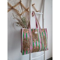 Haus of Namaste Tragetasche aus 100 % Bio-Baumwolle | Tragetasche mit Tiger-Print | Tragetasche mit rosa und grünen Streifen