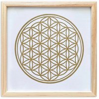 Veskor Cassiopeia Gerahmt | BLUME DES LEBENS I Heilige Geometrie Linoldruck | 20 × 20 cm in 22 × 22 cm Rahmen | Gold auf Weiß