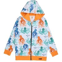 Kinder Kapuzenjacke GOTS zertifiziert, 95% Bio-Baumwolle, weiß/orange, Oktopus-Muster, Reißverschluss – Walkiddy