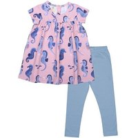Kinderkleid-Set GOTS zertifiziert Bio-Baumwolle Rosa Seepferdchen-Print Kurzarm inkl. Leggings Blau – Walkiddy