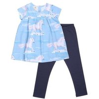 Baby Kleid Set GOTS zertifiziert, 95% Bio-Baumwolle, hellblau, Pferde-Muster „White Horses“, Kurzarm + Leggings – Walkiddy