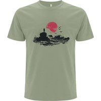 Spreecult Japan Sonne - Bio und Fair - Männer Unisex T-Shirt - Sonne Wellen Felsen