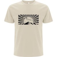 Spreecult Holzschnitt Sonnenstrahlen - Bio und Fair - Männer Unisex T-Shirt - Berge u Vögel