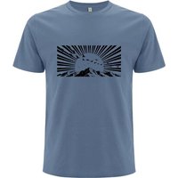 Spreecult Holzschnitt Sonnenstrahlen - Bio und Fair - Männer Unisex T-Shirt - Berge u Vögel