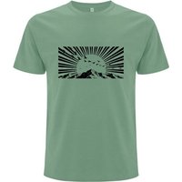 Spreecult Holzschnitt Sonnenstrahlen - Bio und Fair - Männer Unisex T-Shirt - Berge u Vögel