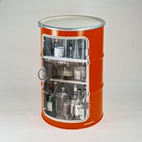 Lockengelöt Hausbar Vitrine aus einem Hamburger Ölfass.