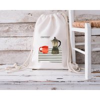MELAdi Stringbag und Sportbeutel aus Biobaumwolle - Kaffeepause auf Naturweiß