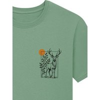Spreecult kleiner gerahmter Hirsch - Bio und Fair - Männer Unisex T-Shirt - Natur Berge Sonne