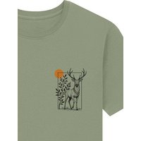 Spreecult kleiner gerahmter Hirsch - Bio und Fair - Männer Unisex T-Shirt - Natur Berge Sonne