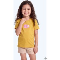 MELAdi Kinder Shirt aus Biobaumwolle - Lila Vogel auf Ocre Gelb