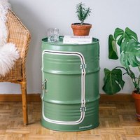 Lockengelöt Nachttisch/Couchtisch mit Tür aus einem kleinen Ölfass Lockengelöt Nachttisch/Couchtisch mit Tür aus einem kleinen Ölfass