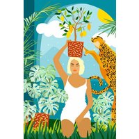 Photocircle Poster / Leinwandbild - Bring The Jungle Home Illustration, Tropical Cheetah Wild Cat & Woman Painting