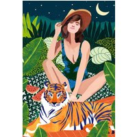 Photocircle Poster / Leinwandbild - iving In The Jungle, Tiger Tropical Picnic Illustration, Forest Woman