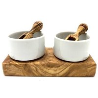 Olivenholz erleben Dipschälchen-Set Porzellan (ø 5,5 cm) inkl. 2 Schippchen aus Olivenholz