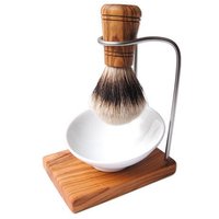 Olivenholz erleben Rasierpinselhalter DESIGN PLUS inkl. Porzellanschale schräg & Rasierpinsel