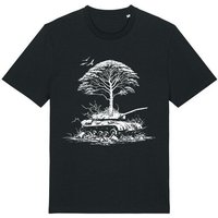 roots of compassion T-Shirt Frieden in der Natur (Panzer & Baum) bio, fair, vegan - weiter Schnitt - peace, Pazifismus, Utopie