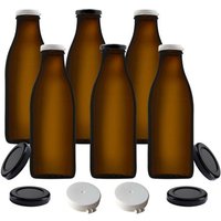 mikken 6x Milchflasche braun 1,0 Liter Glasflasche mit Deckel + Frischhaltedeckel und Etiketten