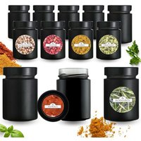 mikken 12 Gewürzgläser 190 ml schwarz mit Deckel und 24 Gewürzetiketten