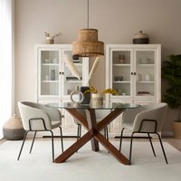 Carot mesa de comedor de madera maciza de mindi color teca y cristal redondo de 120 cm 15 % de descuento Carot mesa de comedor de madera maciza de mindi color teca y cristal redondo de 120 cm 15 % de descuento