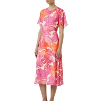 Damen Mittellanges Druckkleid mit Rüschensleeves Rundhals COMMA