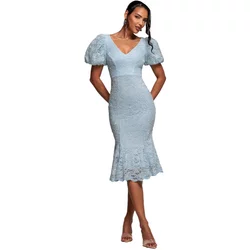 Women's Puff Sleeve Fitted Midi Dress With Scalloped Lace Flare Goddiva