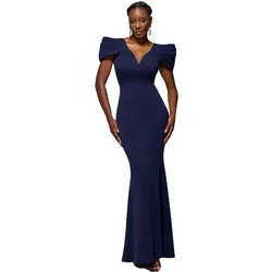 Long Scuba Bodycon Dress With Plunging Neckline And Pleated Sleeves Women Goddiva