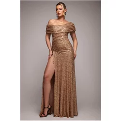 Long Fitted Dress With Off-The-Shoulder And Cowl Neck With Drawstring Women Goddiva Long Fitted Dress With Off-The-Shoulder And Cowl Neck With Drawstring Women Goddiva