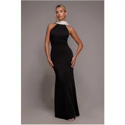 Contrast Crepe Halter Dress With Belt Women Goddiva Contrast Crepe Halter Dress With Belt Women Goddiva