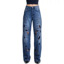 Women’S Mid-Rise Loose Jeans With Delicate Floral Embroidery It's Basic