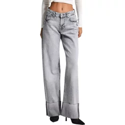 High-Waisted Straight Jeans With Turned Hem Detail Women's Cotton It's Basic