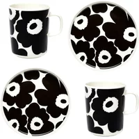 Marimekko Marimekko - Oiva Unikko Becher mit Henkel & Teller, weiß / schwarz (4er-Set)