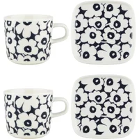 Marimekko Marimekko - Oiva Pikkuinen Unikko Becher mit Henkel & Teller, dunkelblau / weiß (4er-Set) (60th Anniversary Collection)
