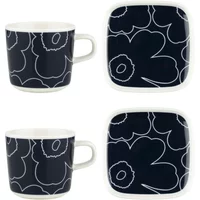 Marimekko Marimekko - Oiva Piirto Unikko Becher mit Henkel & Teller, weiß / dunkelblau (4er-Set) (60th Anniversary Collection)