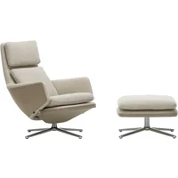 Vitra Vitra - Grand Relax Sessel & Ottoman, Aluminium poliert, Dumet beige / Leder / sand, Filzgleiter