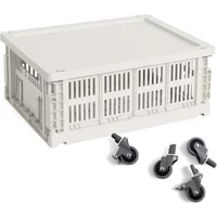 Hay HAY - Colour Crate Korb M mit Deckel und Rollen, off white, recycled