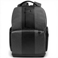 Piquadro Brief backpack 2 Man Grey and Black Fabric Recycled and Leather with Laptop 14''' and iPad