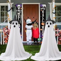 2-Pack Lighted Halloween Ghost Decorations with Witch Hats and LED Timer