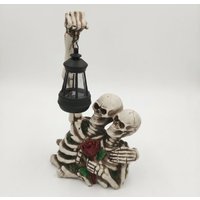 Lovers Embrace Skeleton Statue with Solar Lantern and Red Rose Gothic Halloween Decor