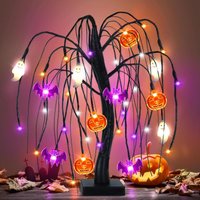 Black Halloween Tabletop Tree with Orange Purple and White LED Lights