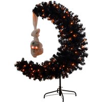 Pre Lit Black Halloween Moon and Skull Tree with Orange and Purple LED Lights