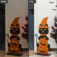 Lighted Halloween Black Cat and Pumpkin Wooden Porch Decoration with Timer