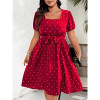 Women's Plus Size Square Neck Polka Dot A-Line Dress with Puff Sleeves
