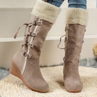 Women's Waterproof Wedge Heel Winter Boots with Cross-Tied Lace-Up Design
